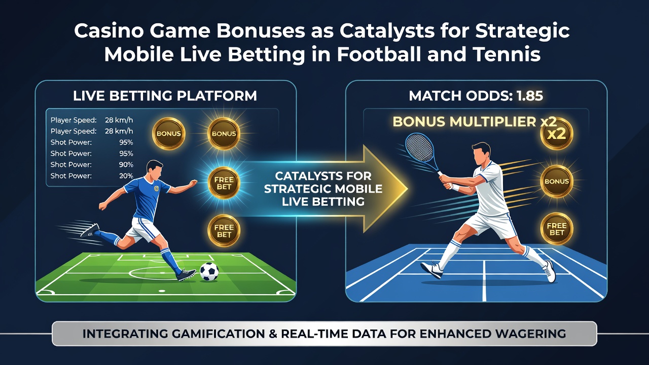 Tennisspeler in actie met mobiele live betting overlay en bonus indicatie