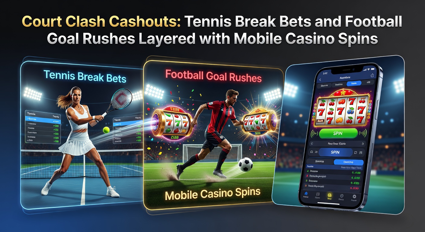 Speler viert een break in een intense tenniswedstrijd terwijl een telefoon met casino-app ernaast ligt, symboliserend gelaagde betting-acties