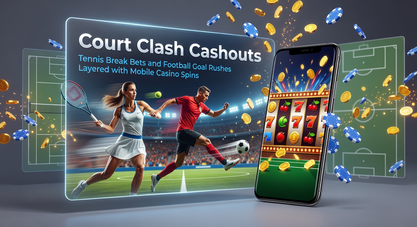 Voetbalspeler schiet een goal tijdens een rush, met overlay van tennisracket en casino slot machine, illustrerend gecombineerde betting en gaming