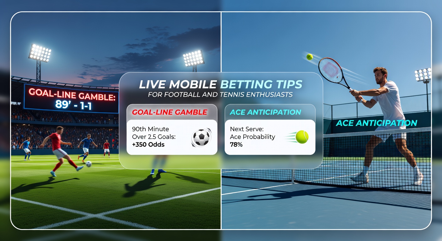 Tennisser slaat een krachtige ace tijdens een live partij, met mobiele betting app op de voorgrond die odds toont