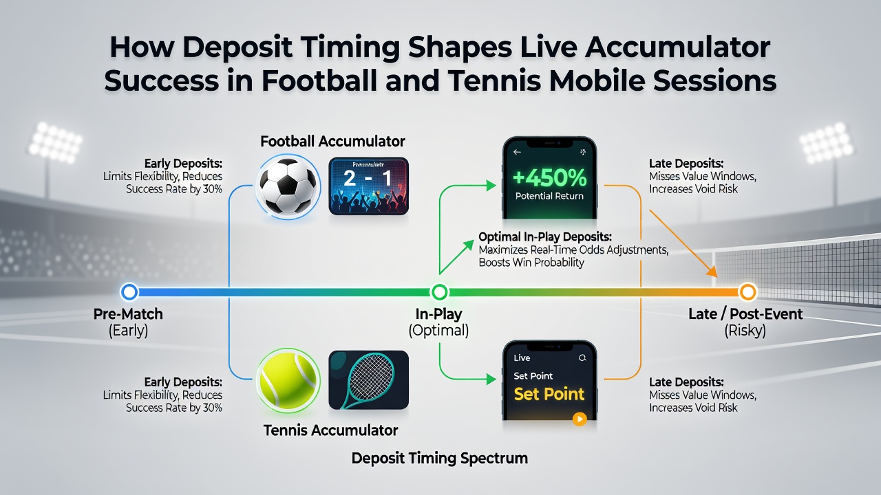Tennisspeelster in actie op mobiel scherm met live accumulator interface en stortingsknoppen voor snelle inzetten