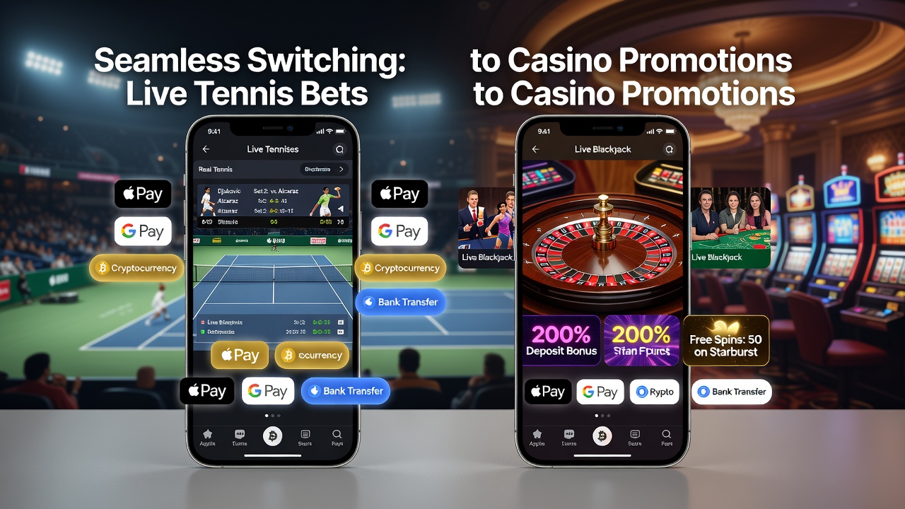 Mobiele app interface met tennis live bets en casinopromoties naast diverse betaalopties