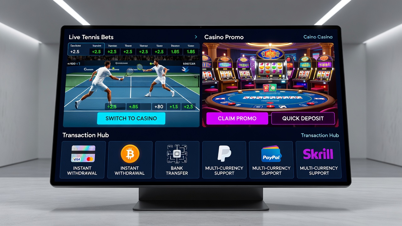 Gebruikersinterface op smartphone met switch tussen tennis live betting en casino promoties via betaalmethoden