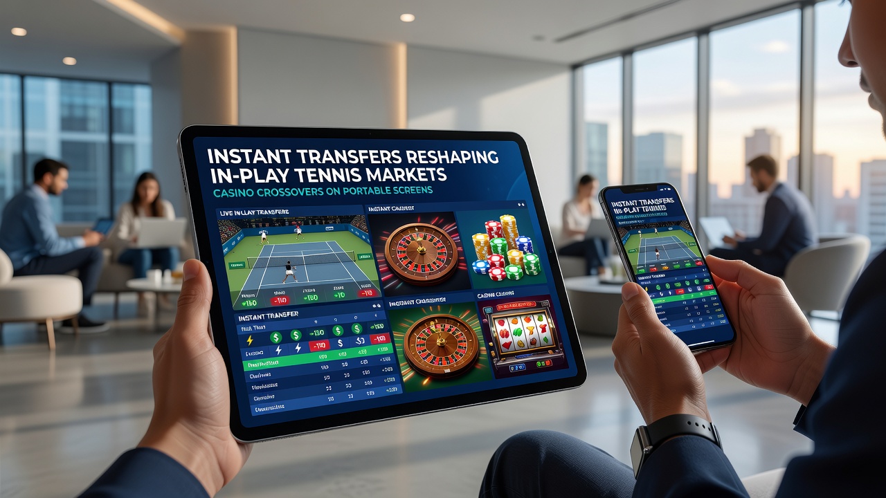 Weergave van naadloze overgang tussen live tennis en casino-spellen op een smartphone tijdens een wedstrijd
