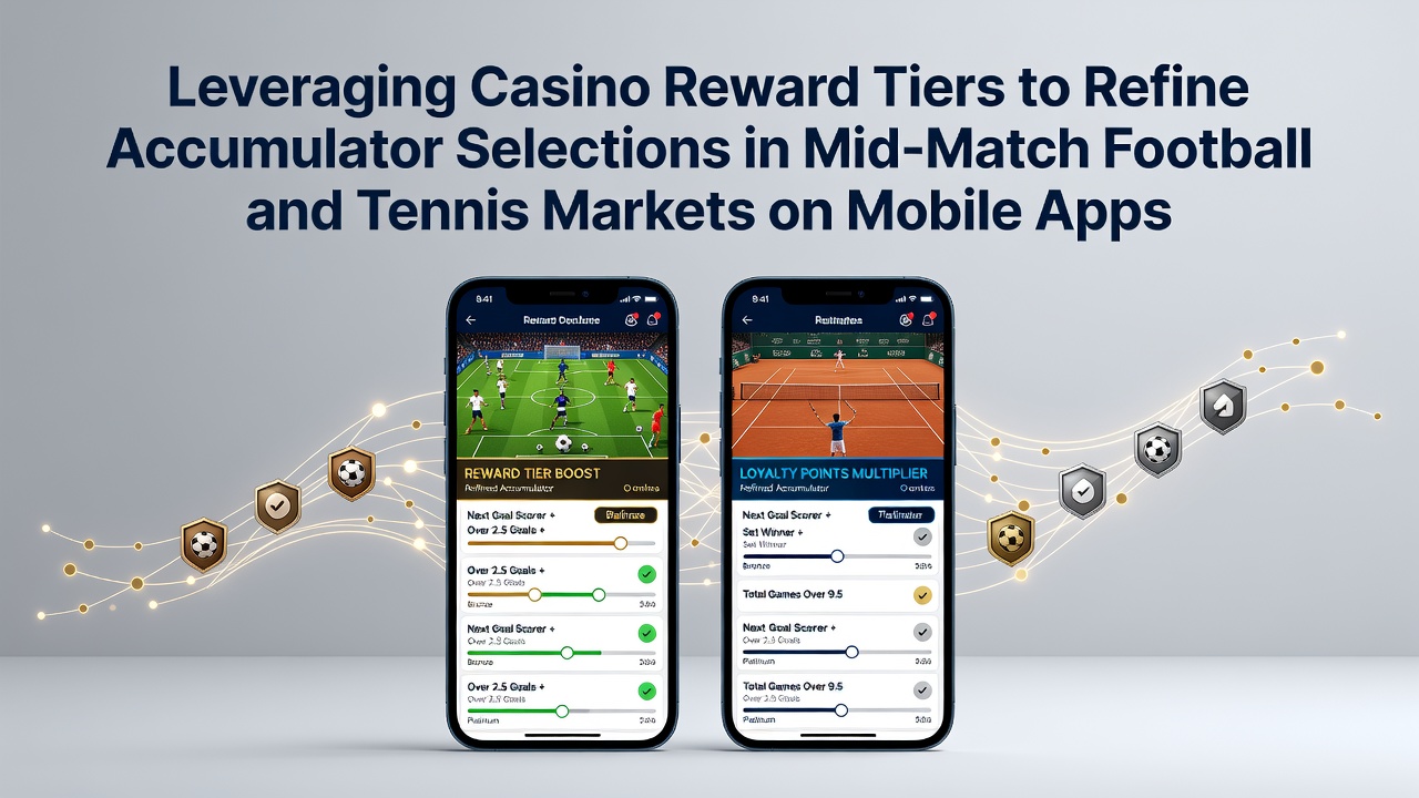 Mobiele app interface met live voetbal en tennis weddenschappen naast casino beloningsniveaus