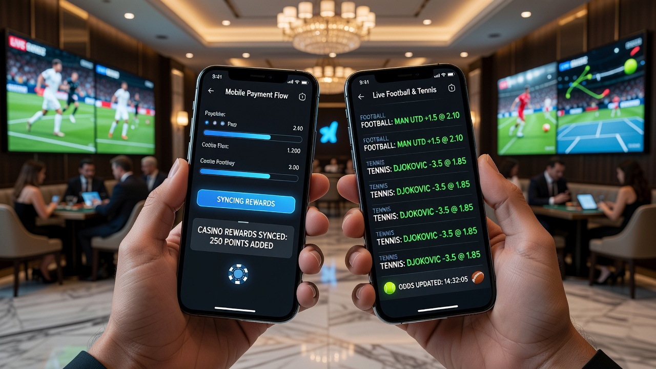 Mobiele app toont gesynchroniseerde casinobeloningen en live voetbal- en tennisodds op een handheld scherm