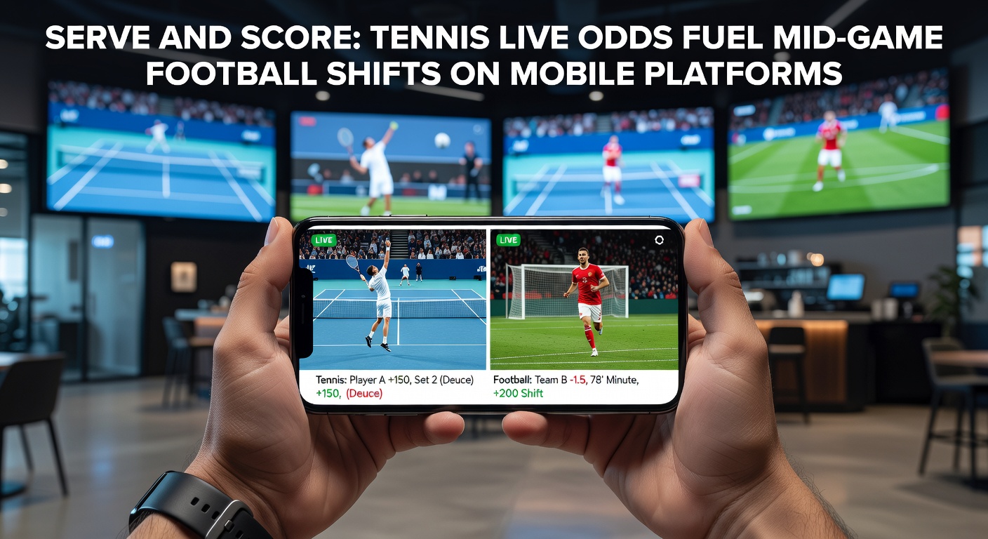 Tennisspeler serveert krachtig op gravelbaan terwijl smartphone-scherm live odds voor een voetbalwedstrijd toont met real-time updates