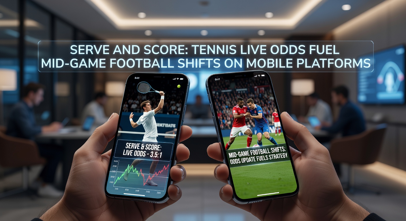 Mobiele app toont side-by-side live odds: tennis tiebreak naast football doelpuntenkans tijdens een intense wedstrijd, met grafieken van odds-veranderingen