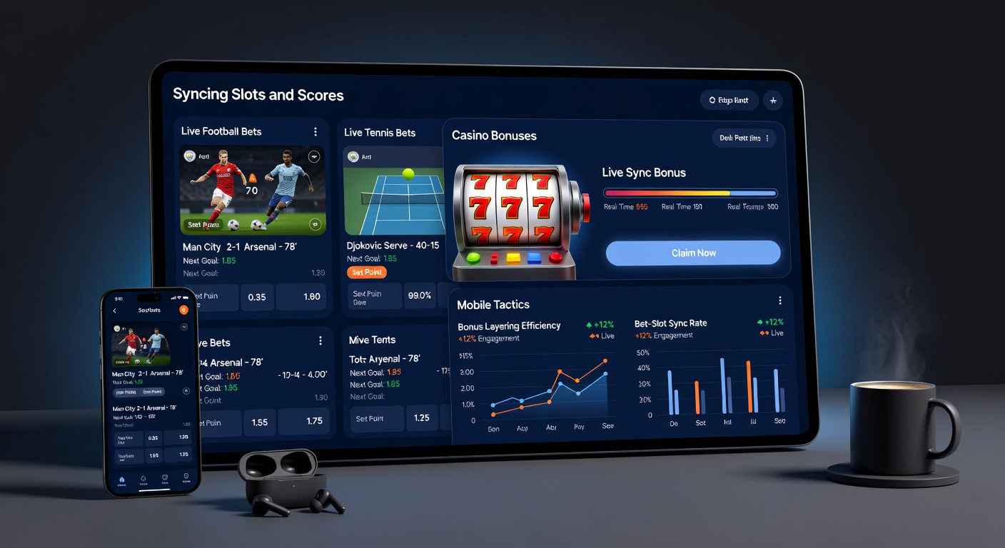 Schermafbeelding van een mobiele gokapp met live tennis score en actieve slot bonus, demonstrerend synchronisatie