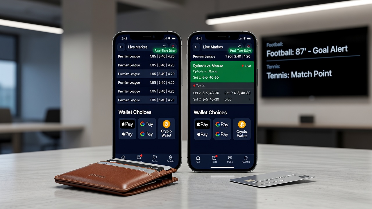 Tennis- en voetbal live betting scherm op smartphone met realtime betalingsindicatie