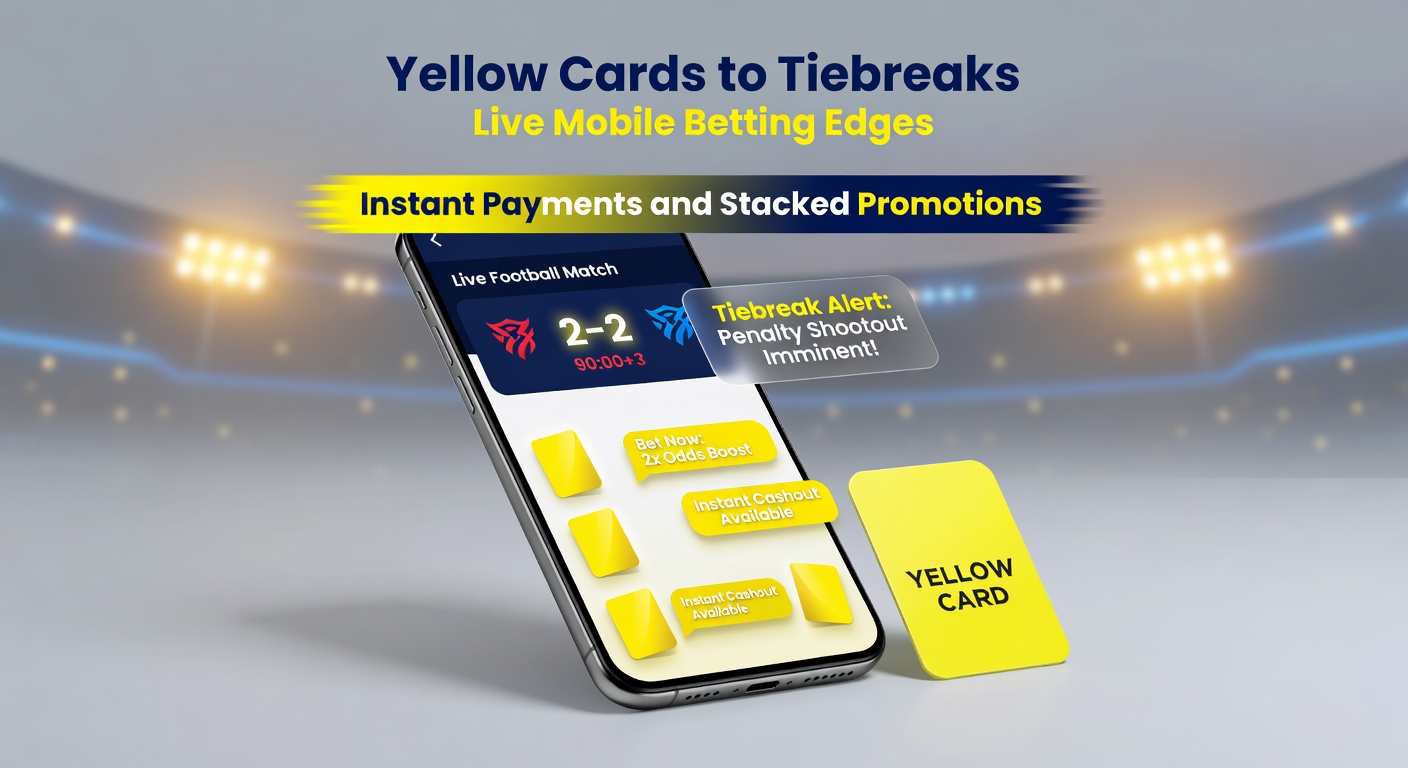 Tennis tiebreak op een mobiel scherm met live odds, gele kaart in voetbal op de achtergrond, en overlays van promoties en snelle betalingsiconen